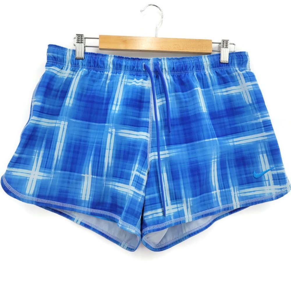 Nike Dual Shorts 2-in-1 Layered Active Running Shorts Blue Checkered Size Large